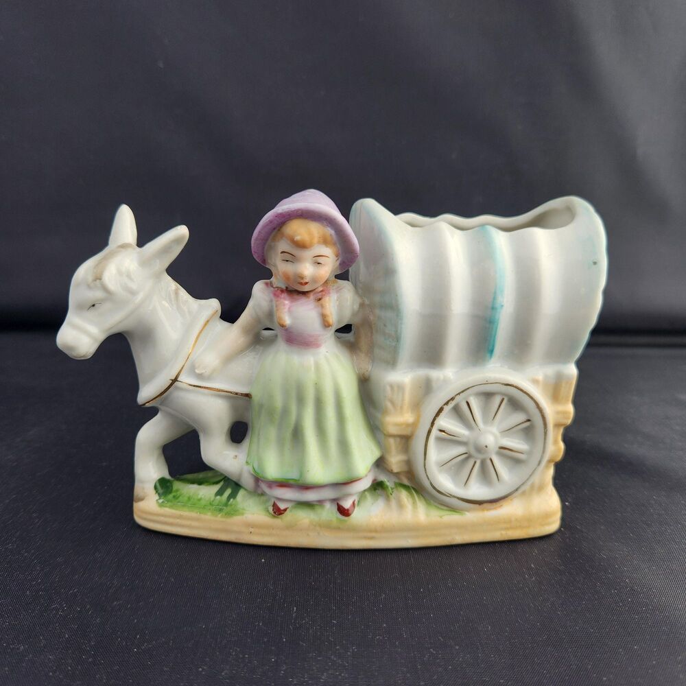 Pioneer Girl & Mule w Covered Wagon Planter Vase or Brush Desk Pencil Holder VTG